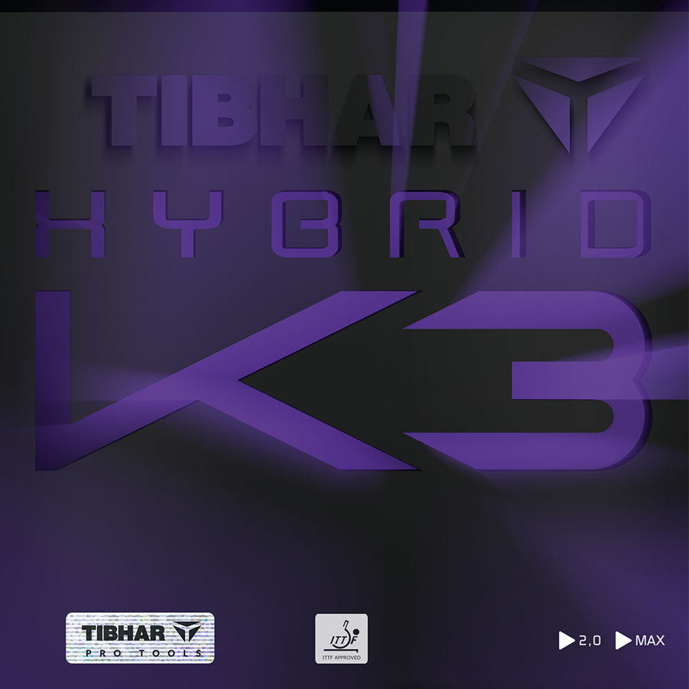 Tibhar Hybrid K3 table tennis rubber with brand logos on a dark background