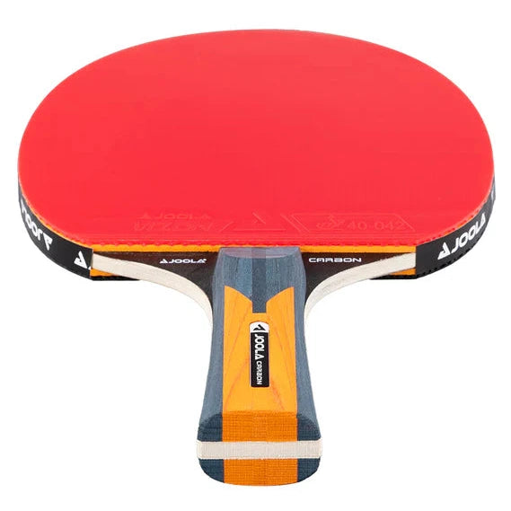 Red and black table tennis paddle with a white background