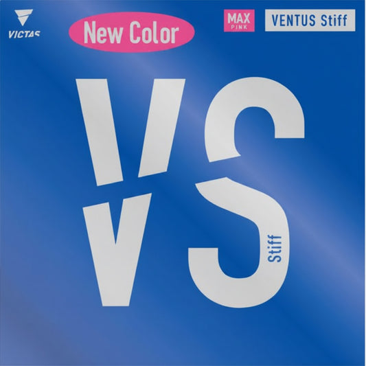 Victas Ventus Stiff table tennis rubber in new max pink color, featuring bold VS logo on blue packaging